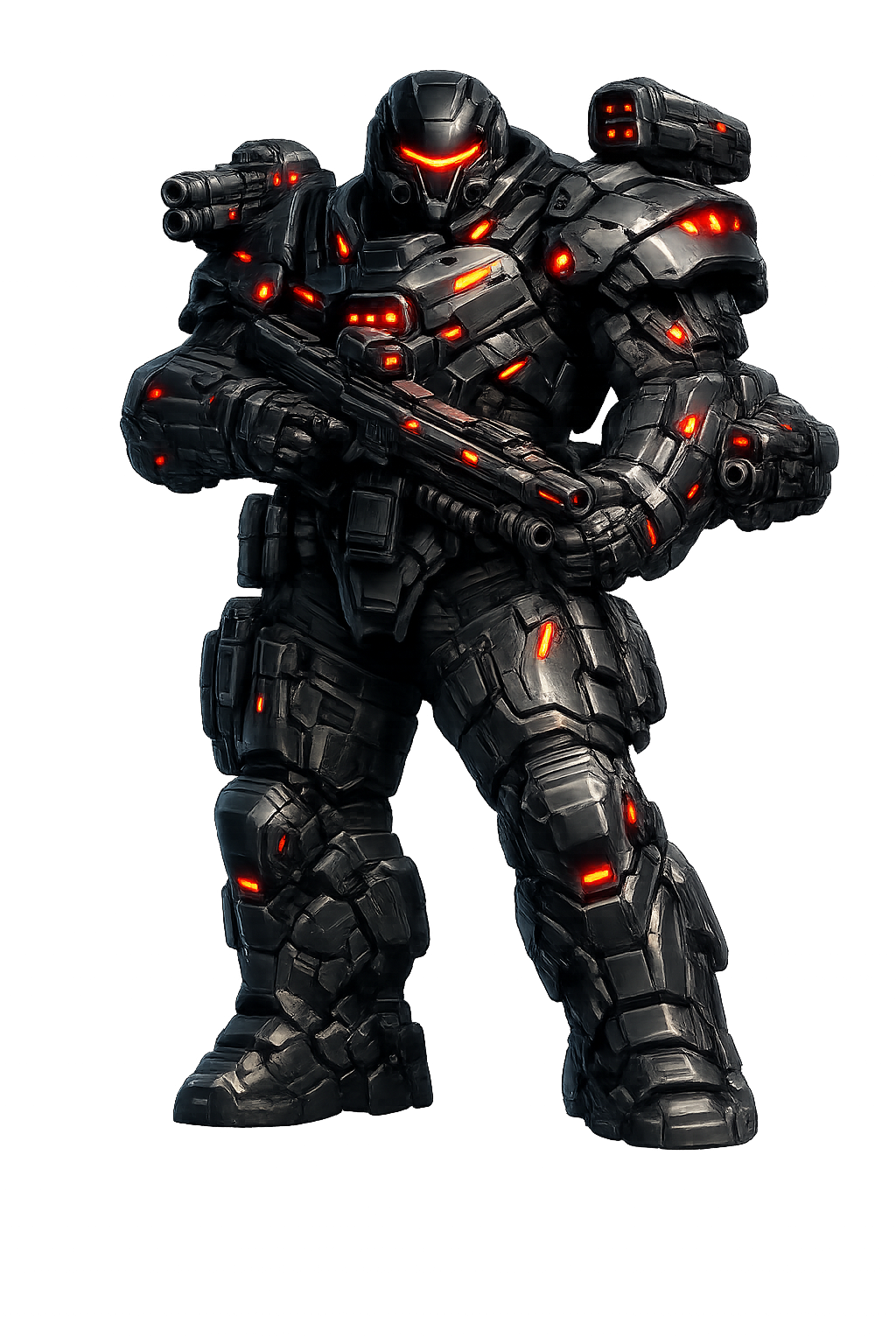 Robonslaught Assault class in black powered armor with red lights